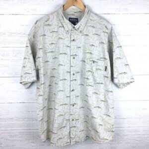 Woolrich Men's Camp Shirt Tan Fish Print Button Front Short Sleeves Casual XL